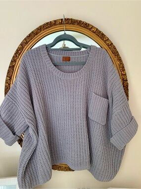 POL Gray Scoop Neck Waffle Knit Sweater with Pocket